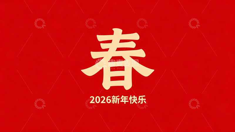 高清大图下载【趣麦麦图】红色背景金色春字新年祝福图