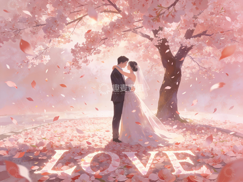 高清大图下载【趣麦麦图】樱花树下新人拥抱