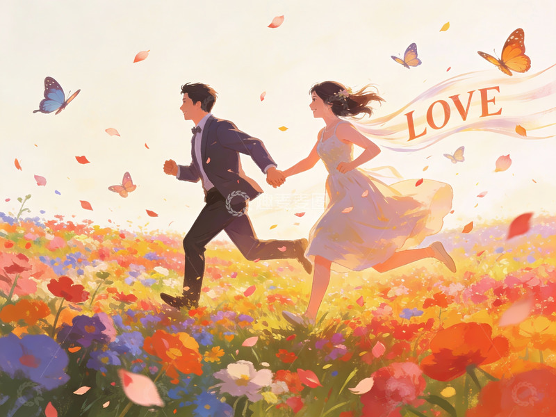 高清大图下载【趣麦麦图】情侣在花海中奔跑