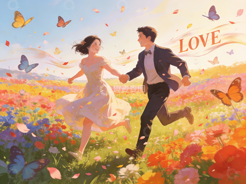 高清大图下载【趣麦麦图】情侣在花田中奔跑