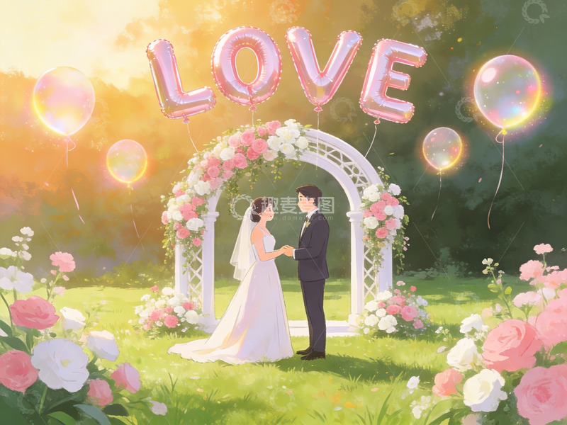 高清大图下载【趣麦麦图】婚礼场景中的新人与花拱门