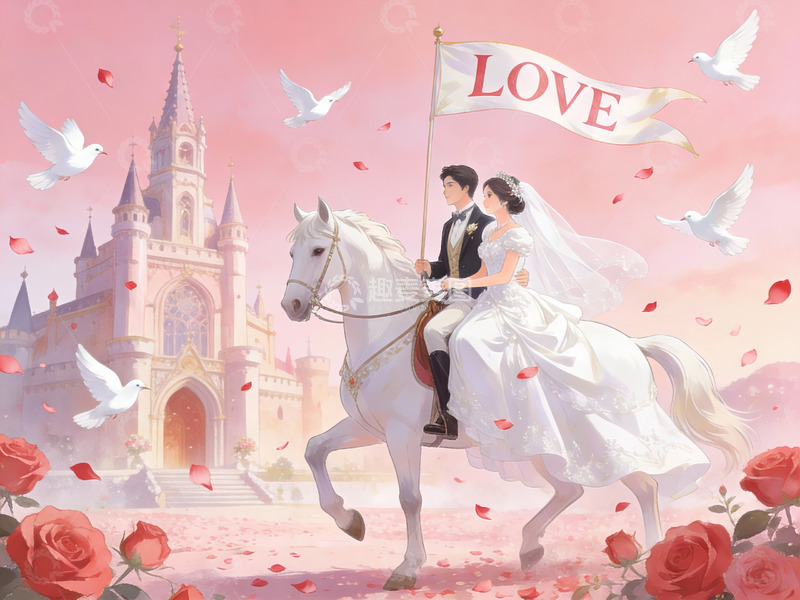 高清大图下载【趣麦麦图】新人骑白马婚礼场景