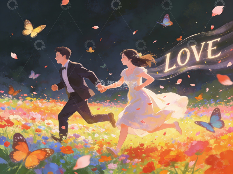 高清大图下载【趣麦麦图】情侣在花海中奔跑