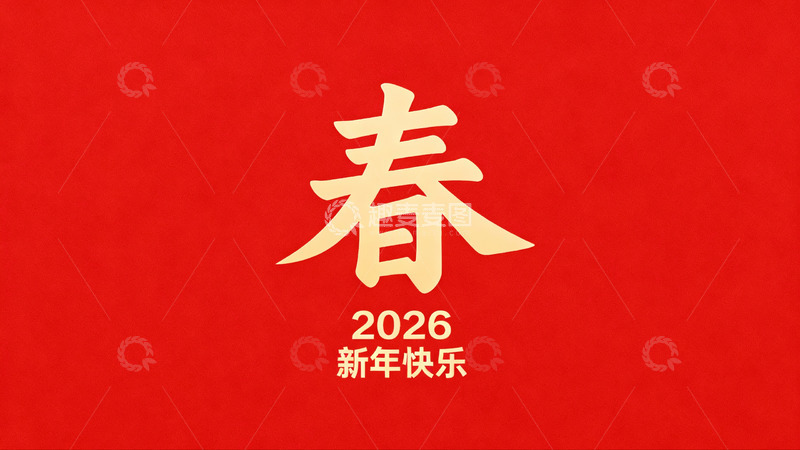 高清大图下载【趣麦麦图】红色背景金色春字新年祝福
