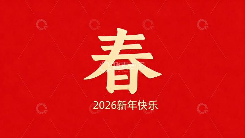 高清大图下载【趣麦麦图】红色背景金色春字新年祝福