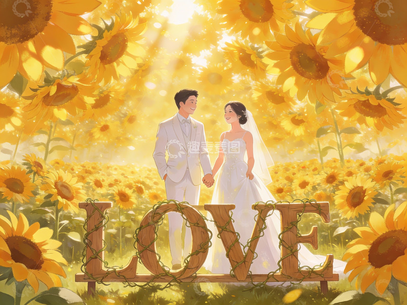 高清大图下载【趣麦麦图】向日葵花田中的新人婚礼