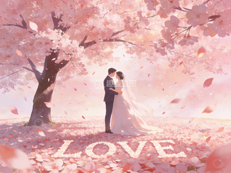 高清大图下载【趣麦麦图】樱花树下新人拥抱