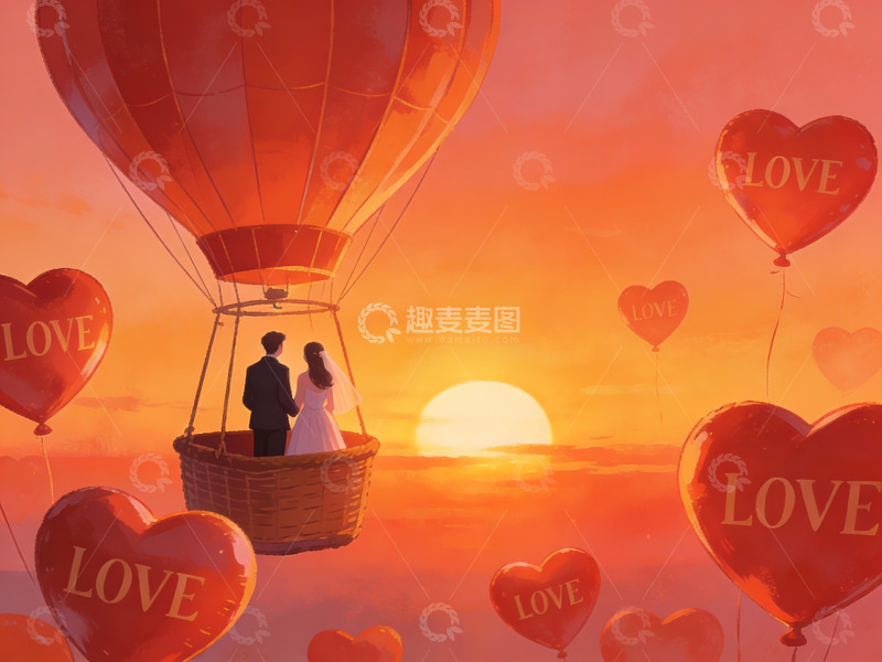 高清大图下载【趣麦麦图】热气球上的情侣与爱心气球