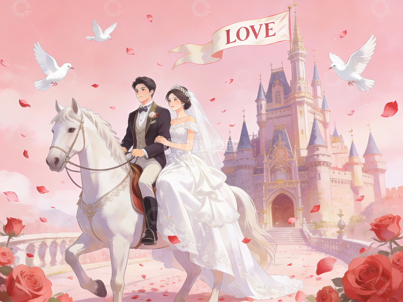 高清大图下载【趣麦麦图】新人骑马城堡婚礼场景