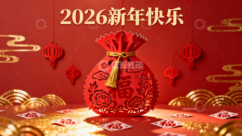 高清大图下载【趣麦麦图】新年红色剪纸福袋装饰