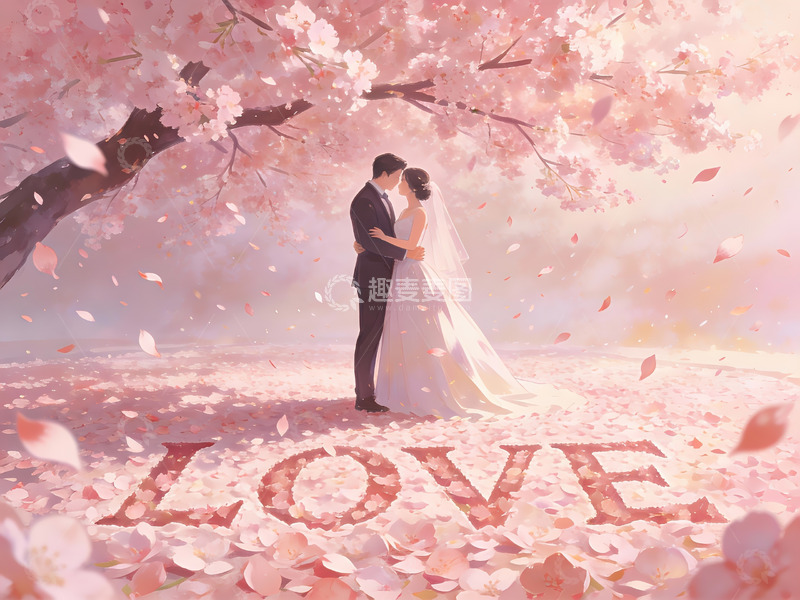 高清大图下载【趣麦麦图】樱花树下新人拥抱