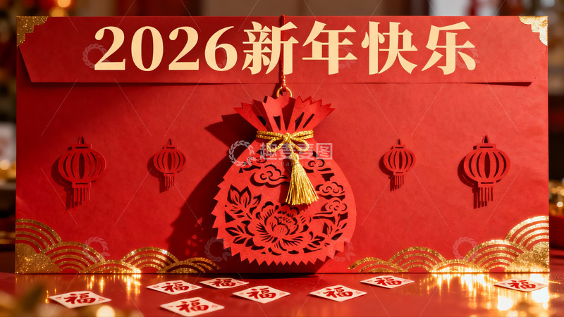高清大图下载【趣麦麦图】2026新年红色剪纸贺卡