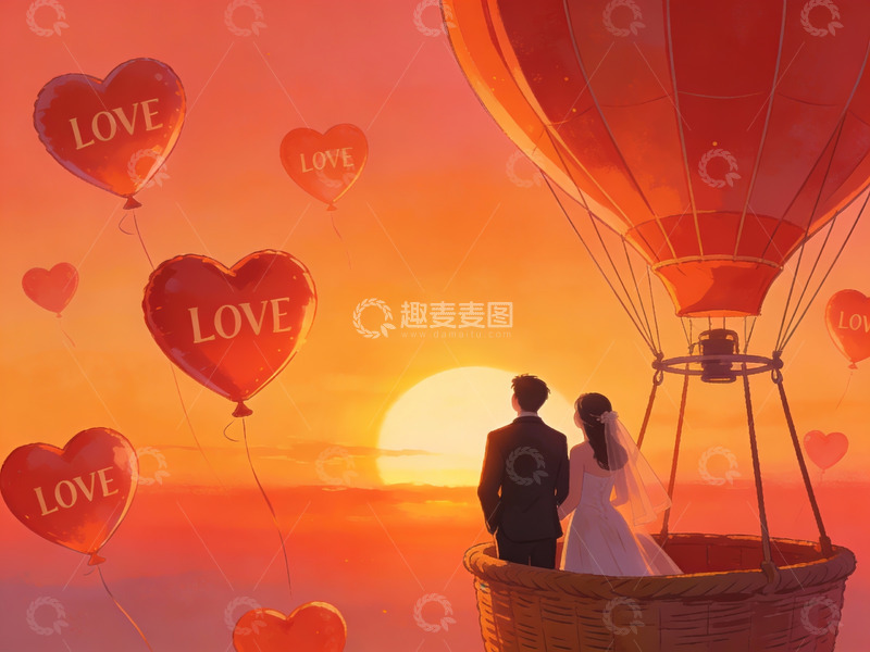 高清大图下载【趣麦麦图】热气球上的情侣日落场景