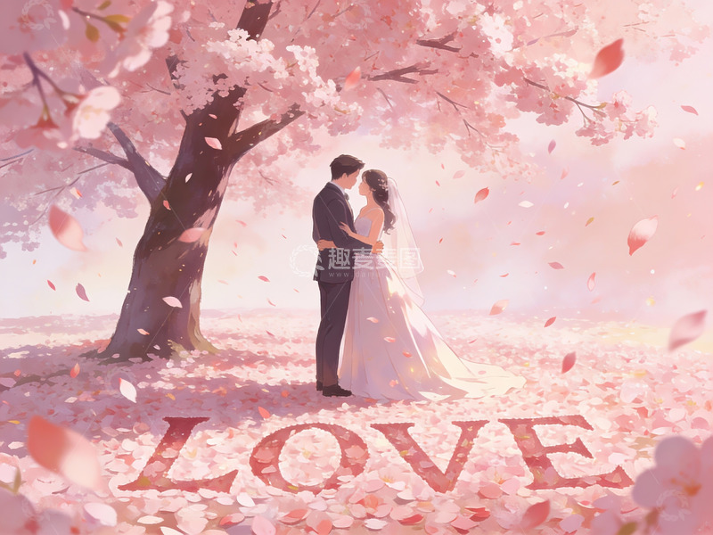 高清大图下载【趣麦麦图】樱花树下情侣相拥