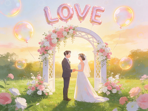 婚礼场景中的新人与花拱门