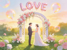 婚礼场景中的新人与花拱门