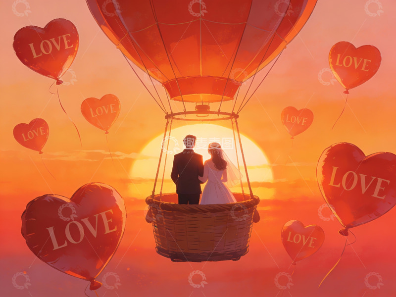 高清大图下载【趣麦麦图】情侣乘热气球共赏日落