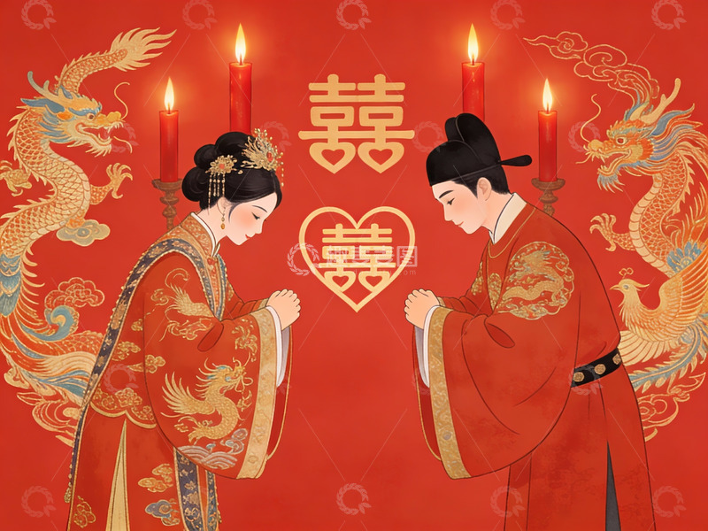 高清大图下载【趣麦麦图】传统中式婚礼场景插画