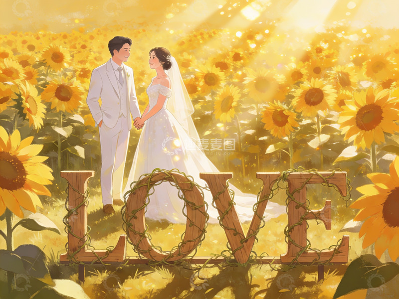 高清大图下载【趣麦麦图】向日葵田中的婚礼场景