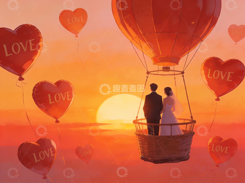 高清大图下载【趣麦麦图】热气球上的情侣剪影