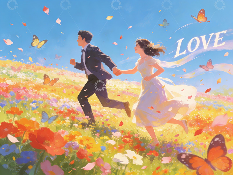 高清大图下载【趣麦麦图】情侣花田奔跑浪漫场景