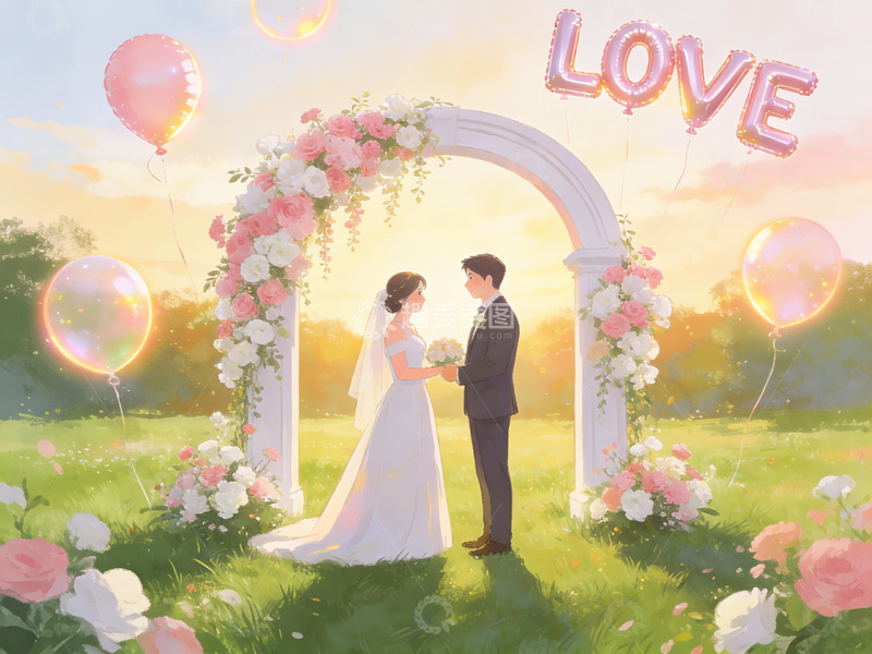 高清大图下载【趣麦麦图】婚礼场景中的新人与花拱门