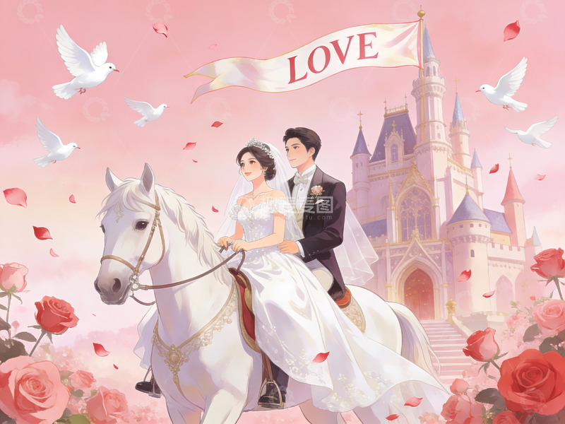 高清大图下载【趣麦麦图】新人骑白马婚礼场景