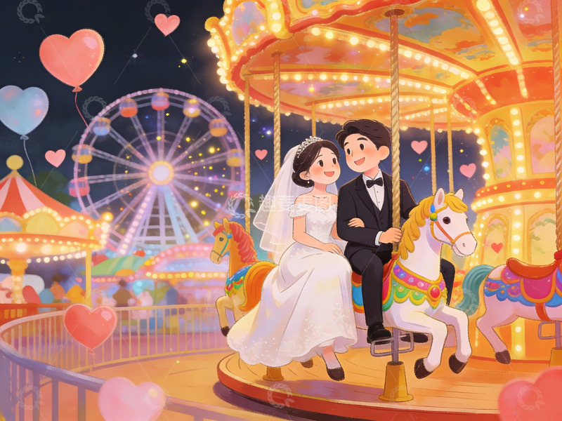 高清大图下载【趣麦麦图】新人在游乐园旋转木马上
