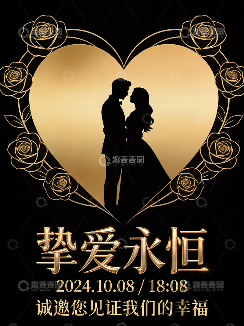 高清大图下载【趣麦麦图】金色心形婚礼邀请海报