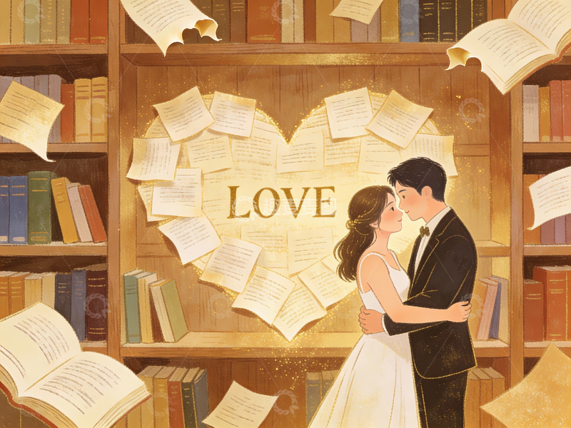 高清大图下载【趣麦麦图】书架前的恋人拥抱