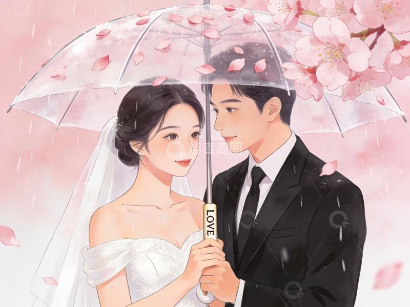 高清大图下载【趣麦麦图】雨中樱花下的新人合影