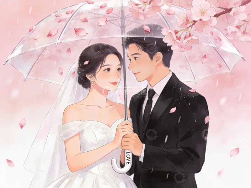 高清大图下载【趣麦麦图】樱花雨中新人共伞