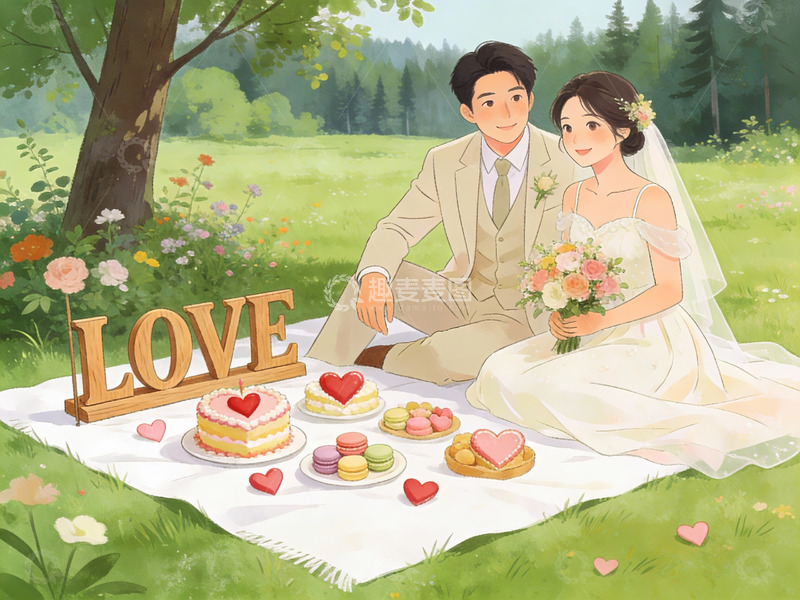 高清大图下载【趣麦麦图】新人草坪野餐婚礼场景
