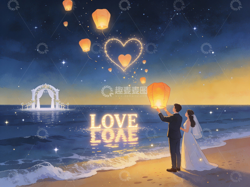 高清大图下载【趣麦麦图】海边新人放飞心愿灯