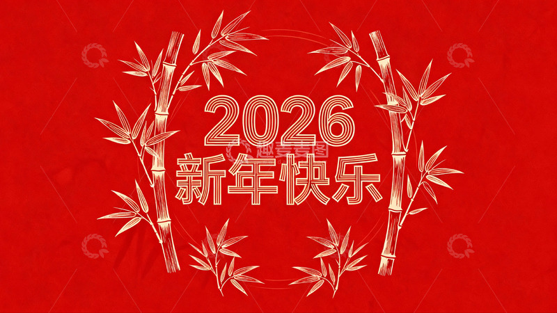 高清大图下载【趣麦麦图】红色背景新年祝福竹子图案