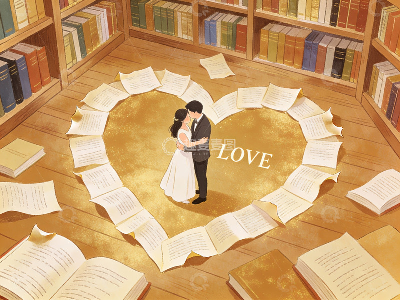 高清大图下载【趣麦麦图】图书馆中书页围成的心形情侣