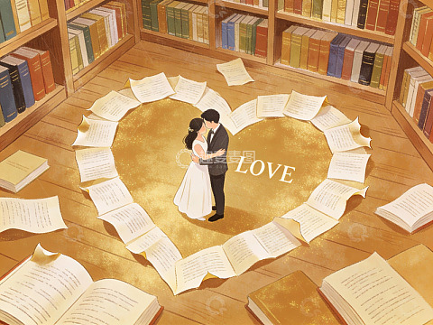 图书馆中书页围成的心形情侣
