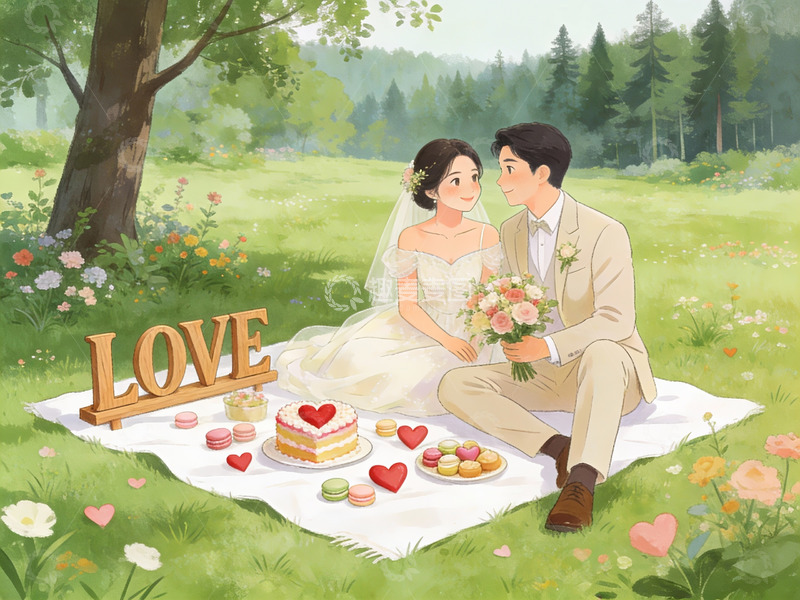 高清大图下载【趣麦麦图】新人草坪野餐婚礼场景