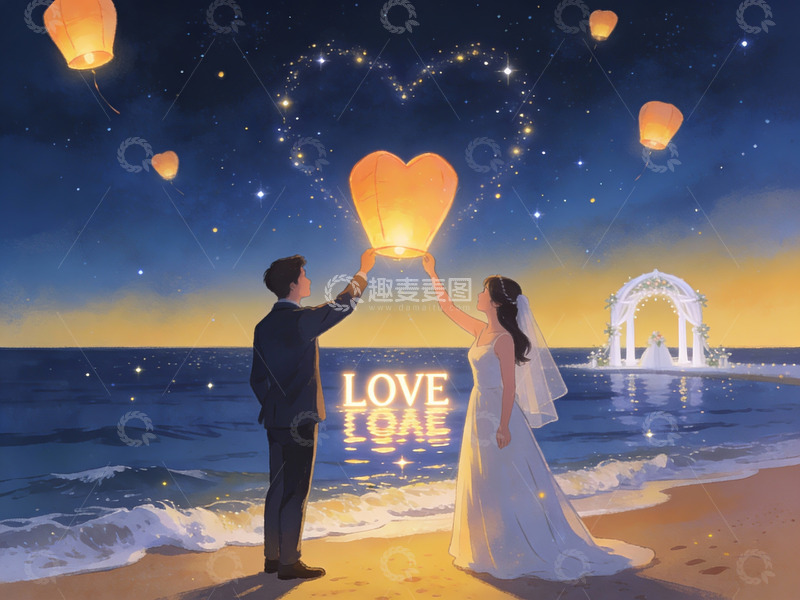 高清大图下载【趣麦麦图】海边新人放飞心形孔明灯