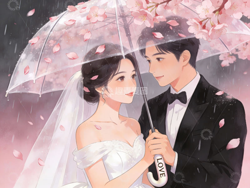 高清大图下载【趣麦麦图】雨中樱花下的新人合影