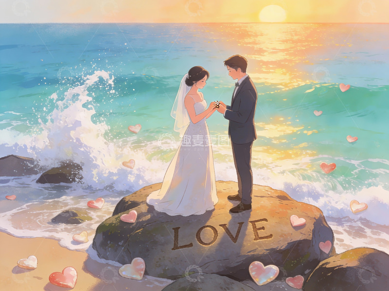 高清大图下载【趣麦麦图】海边婚礼新人共立岩石