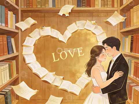 图书馆中书页环绕的情侣