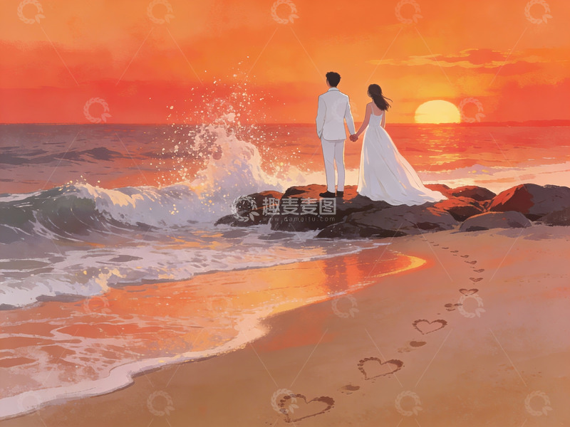 高清大图下载【趣麦麦图】海边日落情侣牵手
