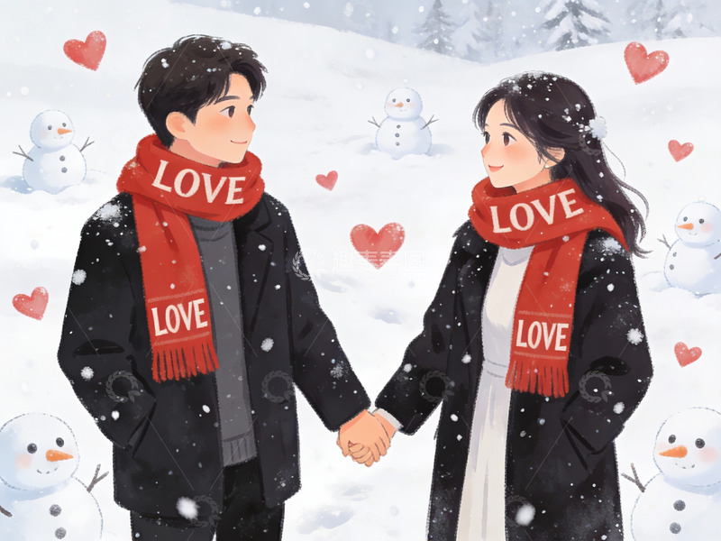 高清大图下载【趣麦麦图】雪中牵手的情侣