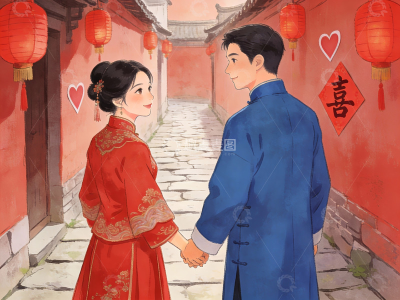 高清大图下载【趣麦麦图】传统服饰情侣牵手巷中