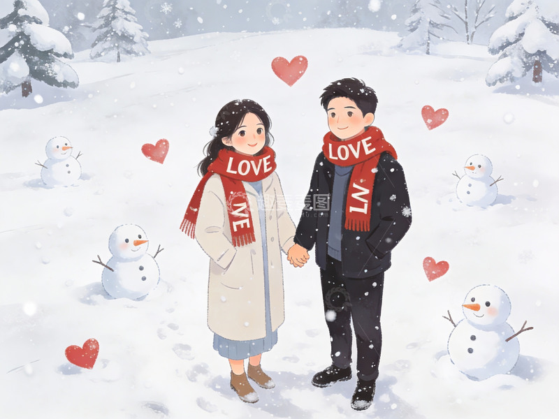 高清大图下载【趣麦麦图】雪中情侣牵手温馨场景