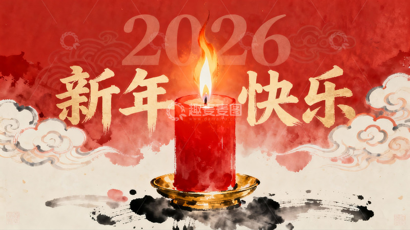 高清大图下载【趣麦麦图】新年快乐红色蜡烛祈福图