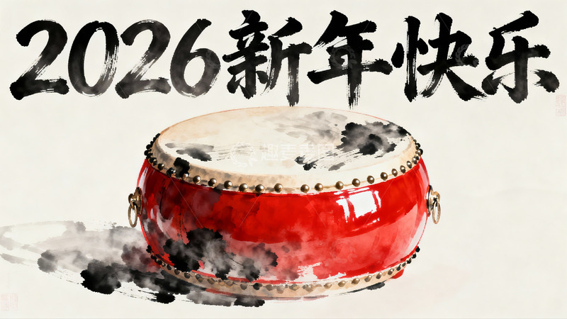 高清大图下载【趣麦麦图】新年快乐红鼓水墨画