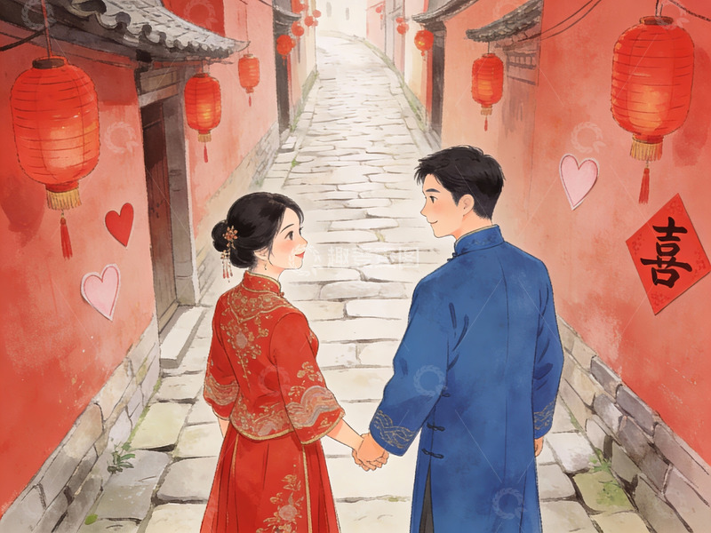 高清大图下载【趣麦麦图】情侣在古街牵手散步