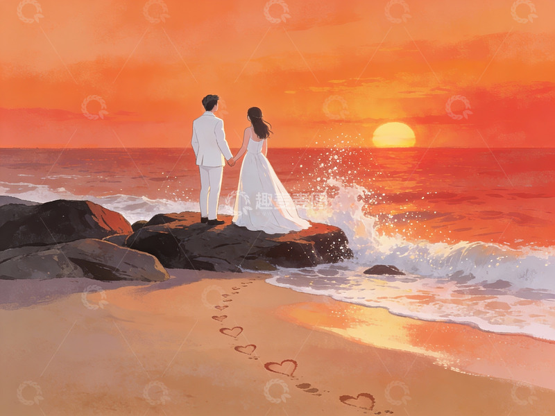 高清大图下载【趣麦麦图】海边日落婚纱情侣